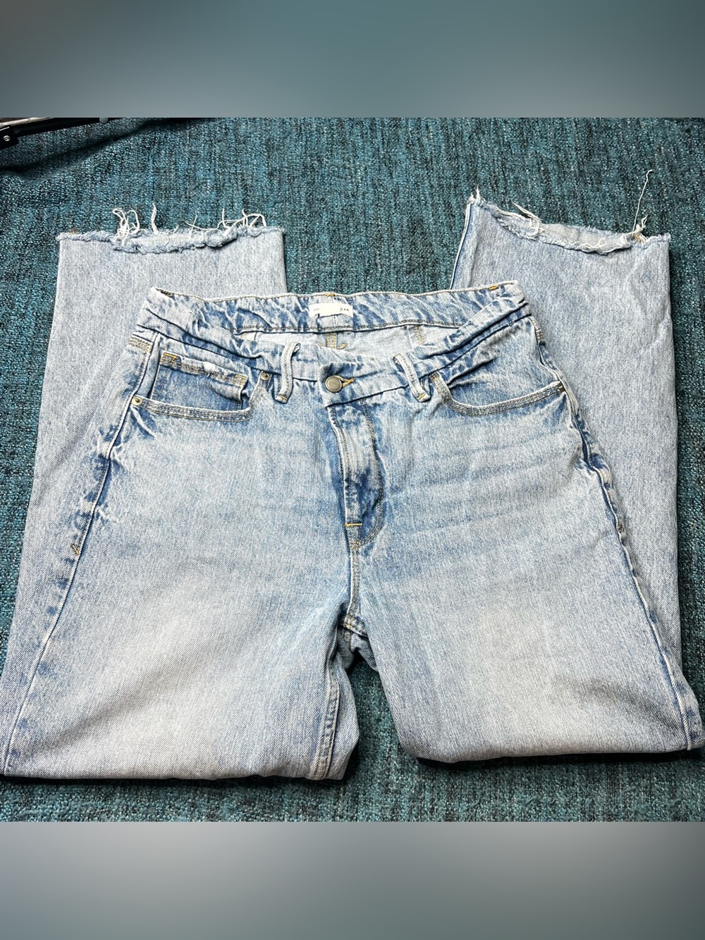 Good American Crossover Waist Straight Leg Jeans Raw Hem Women's Size 6/28